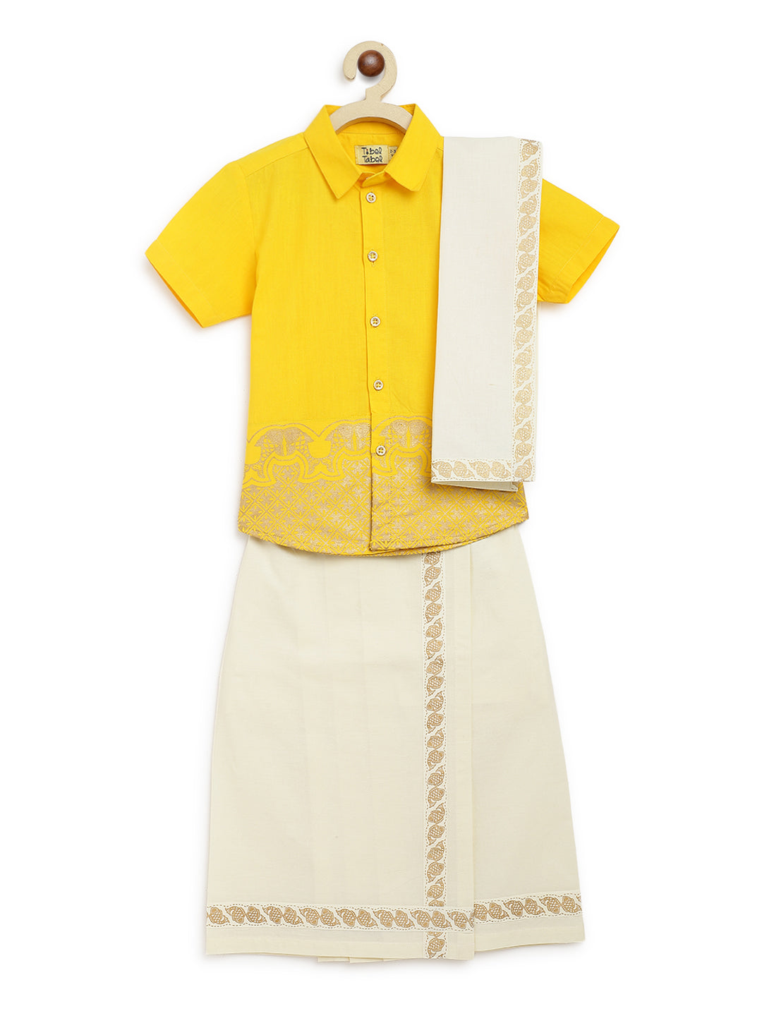 3 Pc Mundu Dhoti Shirt Set-Yellow