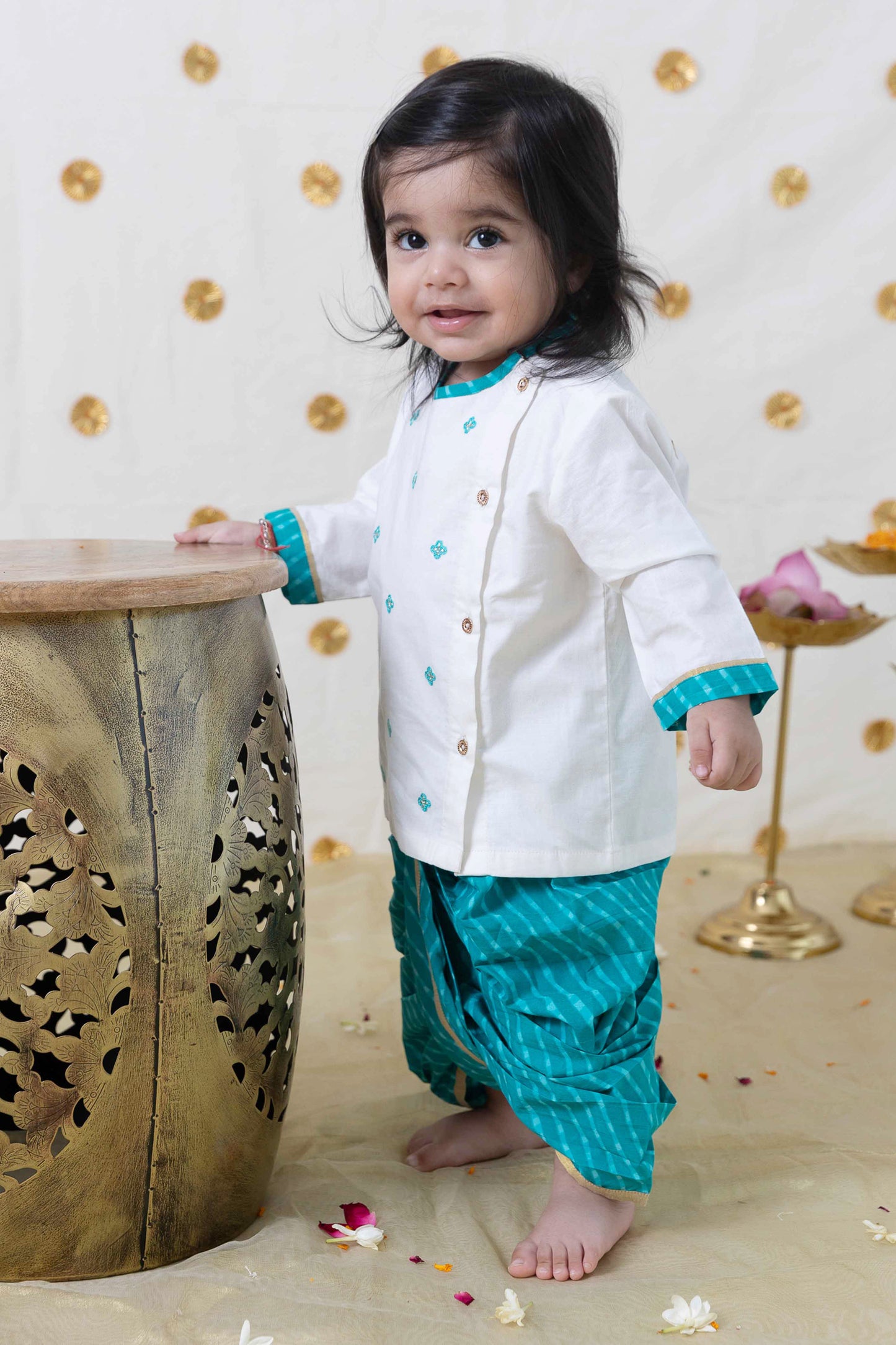 Baby Boy Leheriya Embroidered Dhoti Kurta Set - Blue