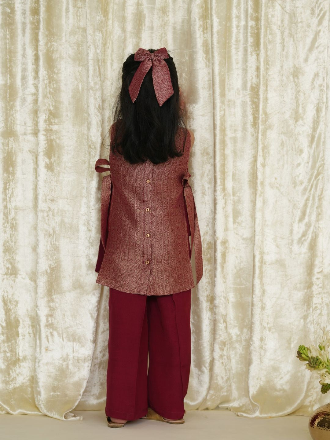 Saanjh Brocade Bib Top and Pants Set - Maroon