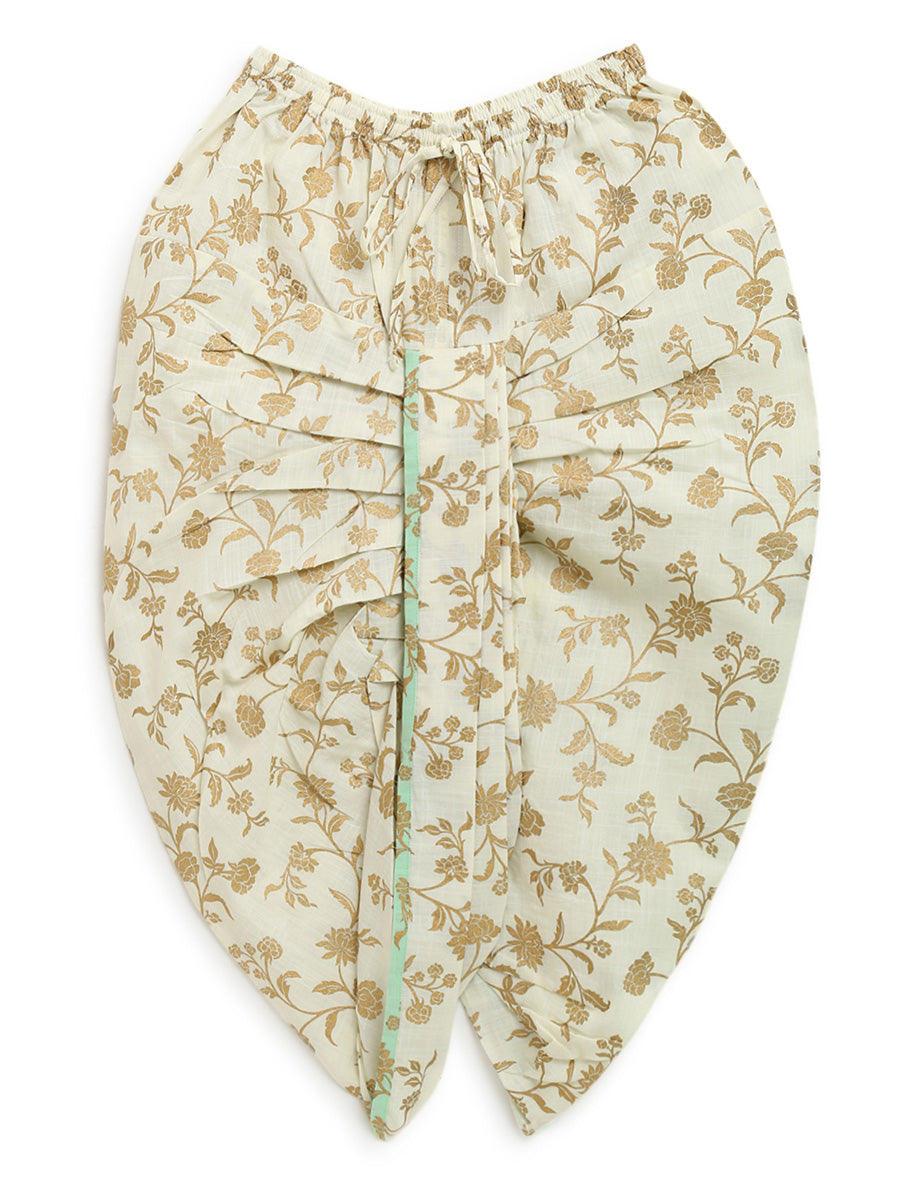 Boys Nawab Dhoti Kurta Cotton Set Gold Print- Green