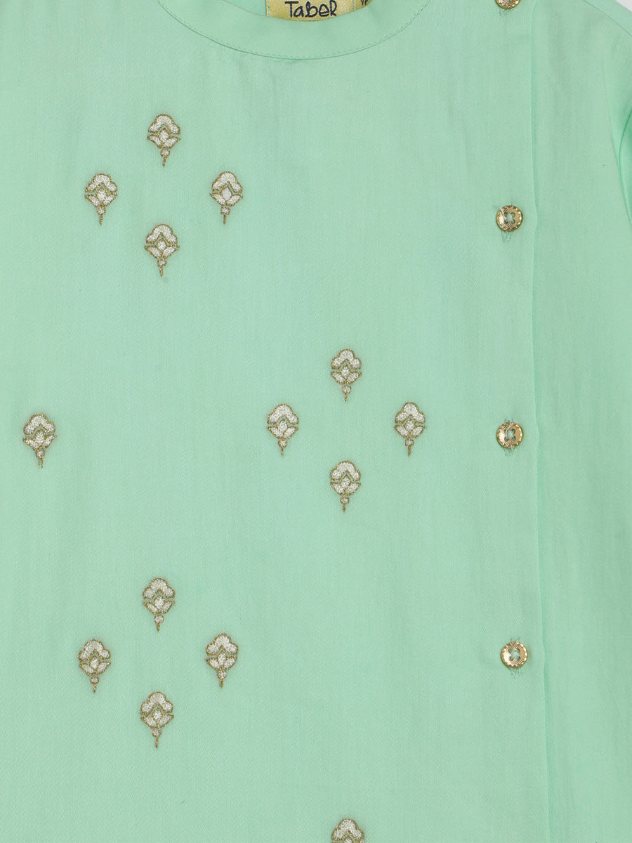 Boys Nawab Kurta Pyjama Cotton Set Embroidered- Green