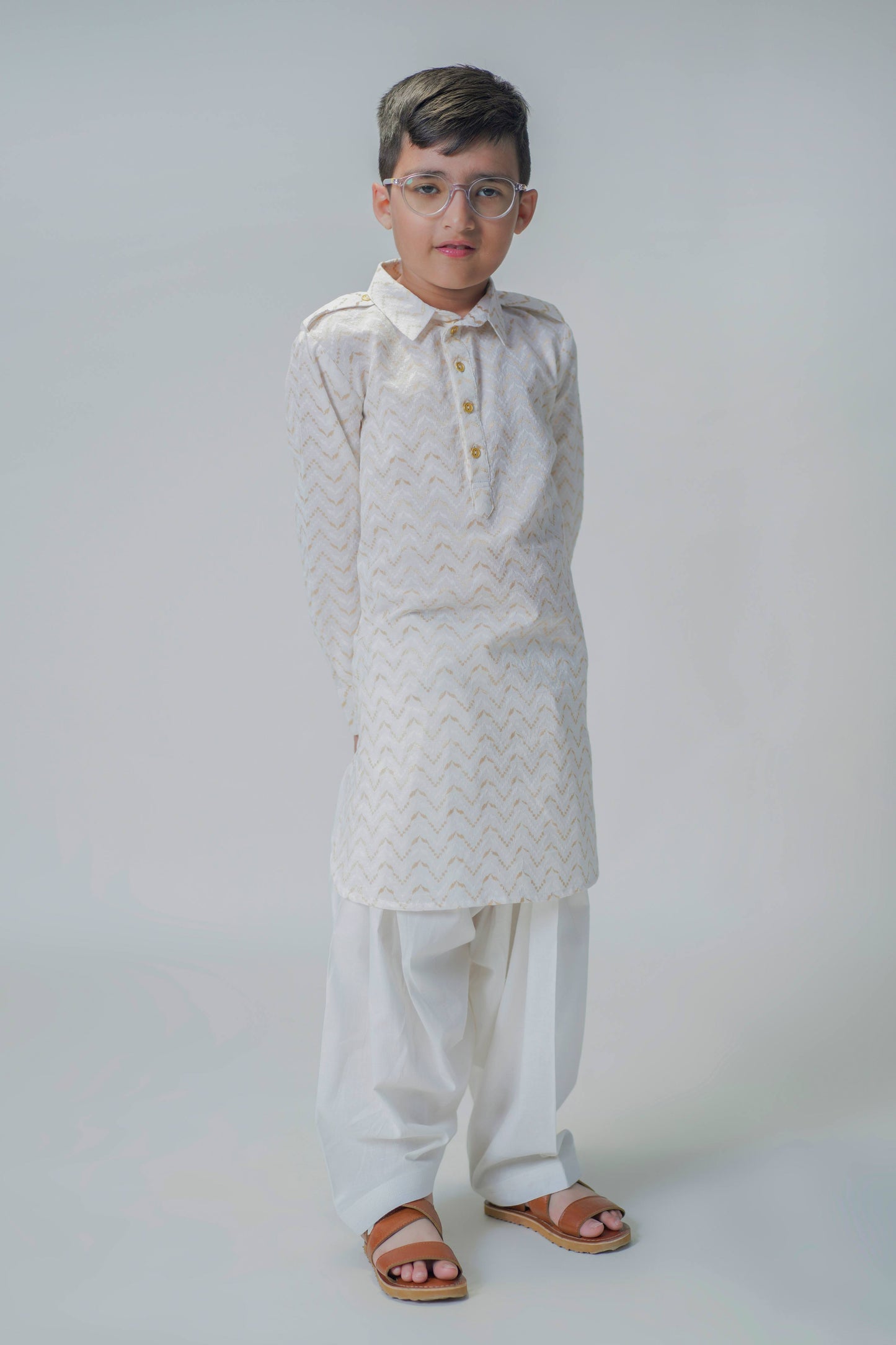 Boy Zigzag Pathani Set-White