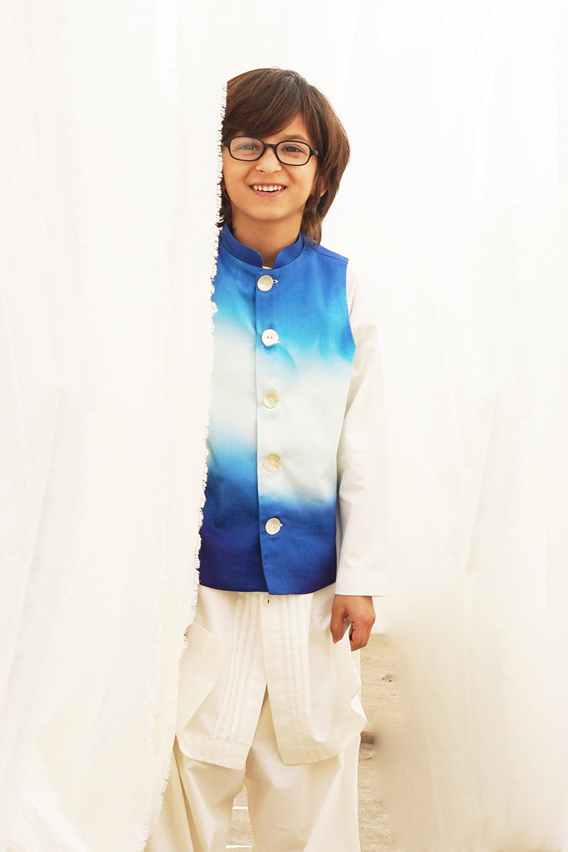Boys Blue Marble Bundi Kurta Set by Tiber Taber Kids