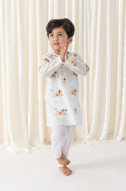 Hanuman Blessing Kurta Pyjama Set - White