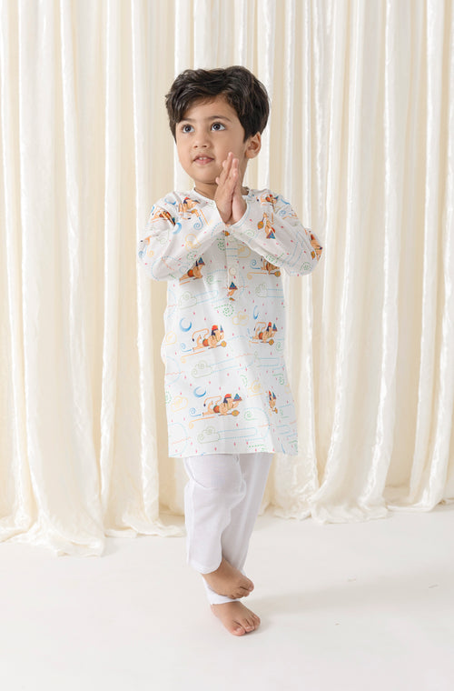 Hanuman Blessing Kurta Pyjama Set - White