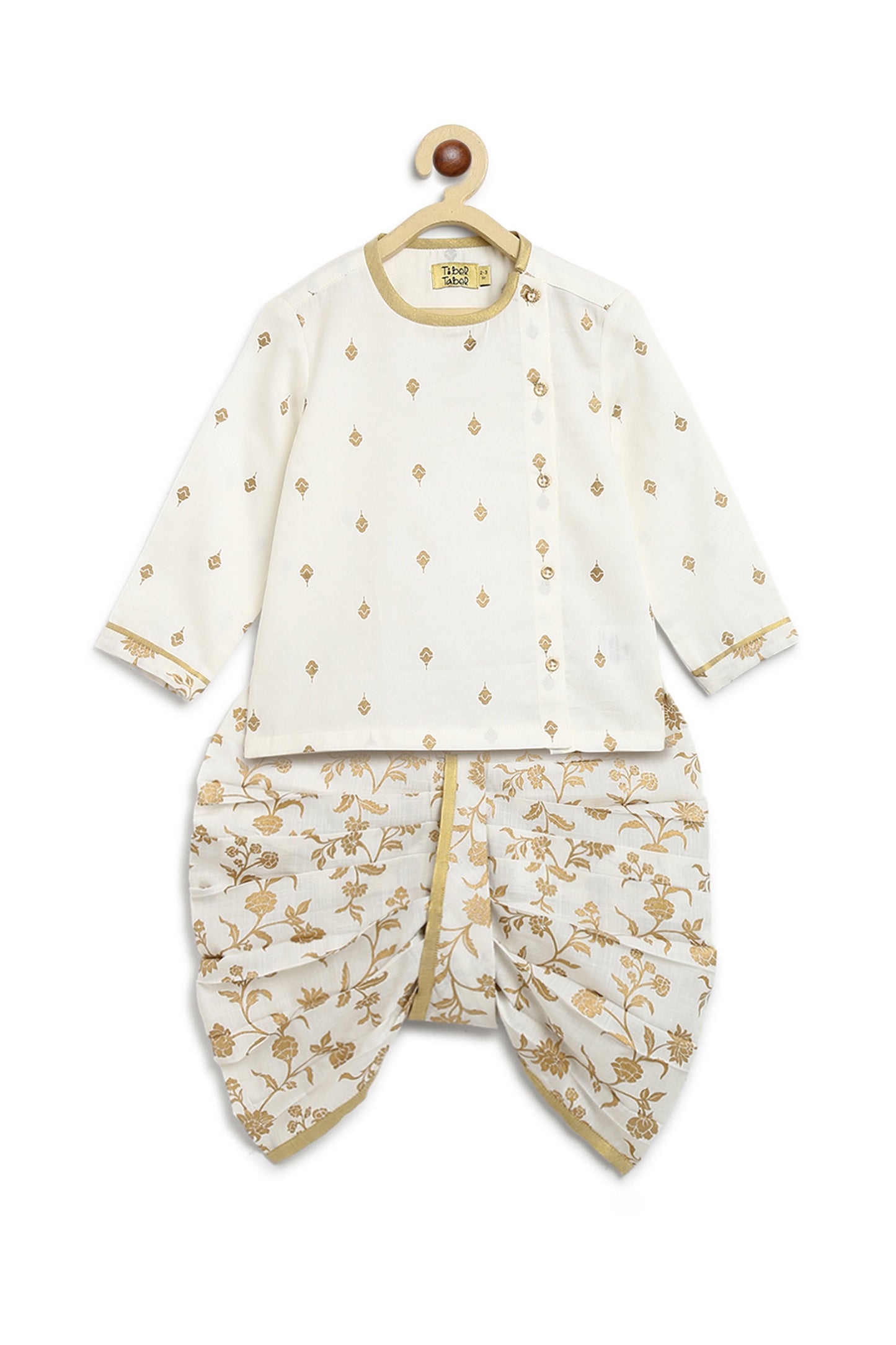 Buy Baby Boy Dhoti Kurta Premium Cotton Set Print Gold- White by Tiber Taber Kids