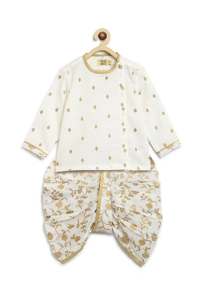 Buy Baby Boy Dhoti Kurta Premium Cotton Set Print Gold- White by Tiber Taber Kids