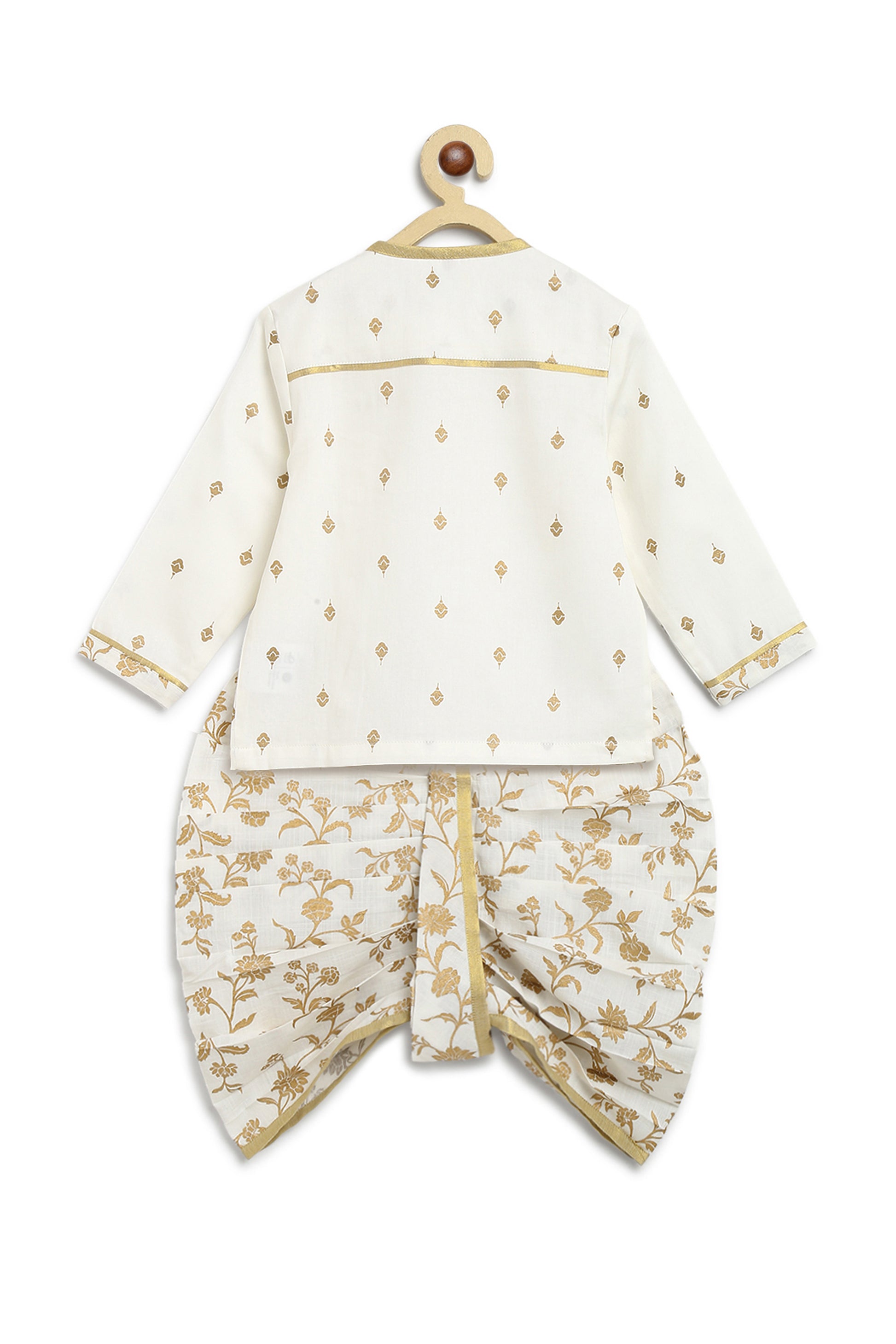 Shop Baby Boy Dhoti Kurta Premium Cotton Set Print Gold- White by Tiber Taber Kids