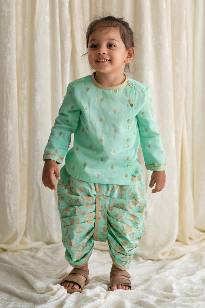 Baby Boy Dhoti Kurta Premium Cotton Set Print Gold- Green