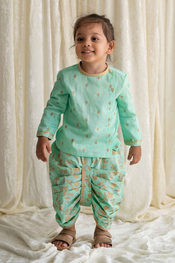 Baby Boy Dhoti Kurta Premium Cotton Set Print Gold- Green