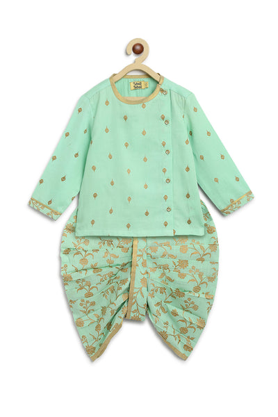 Shop Baby Boy Dhoti Kurta Premium Cotton Set Print Gold- Green