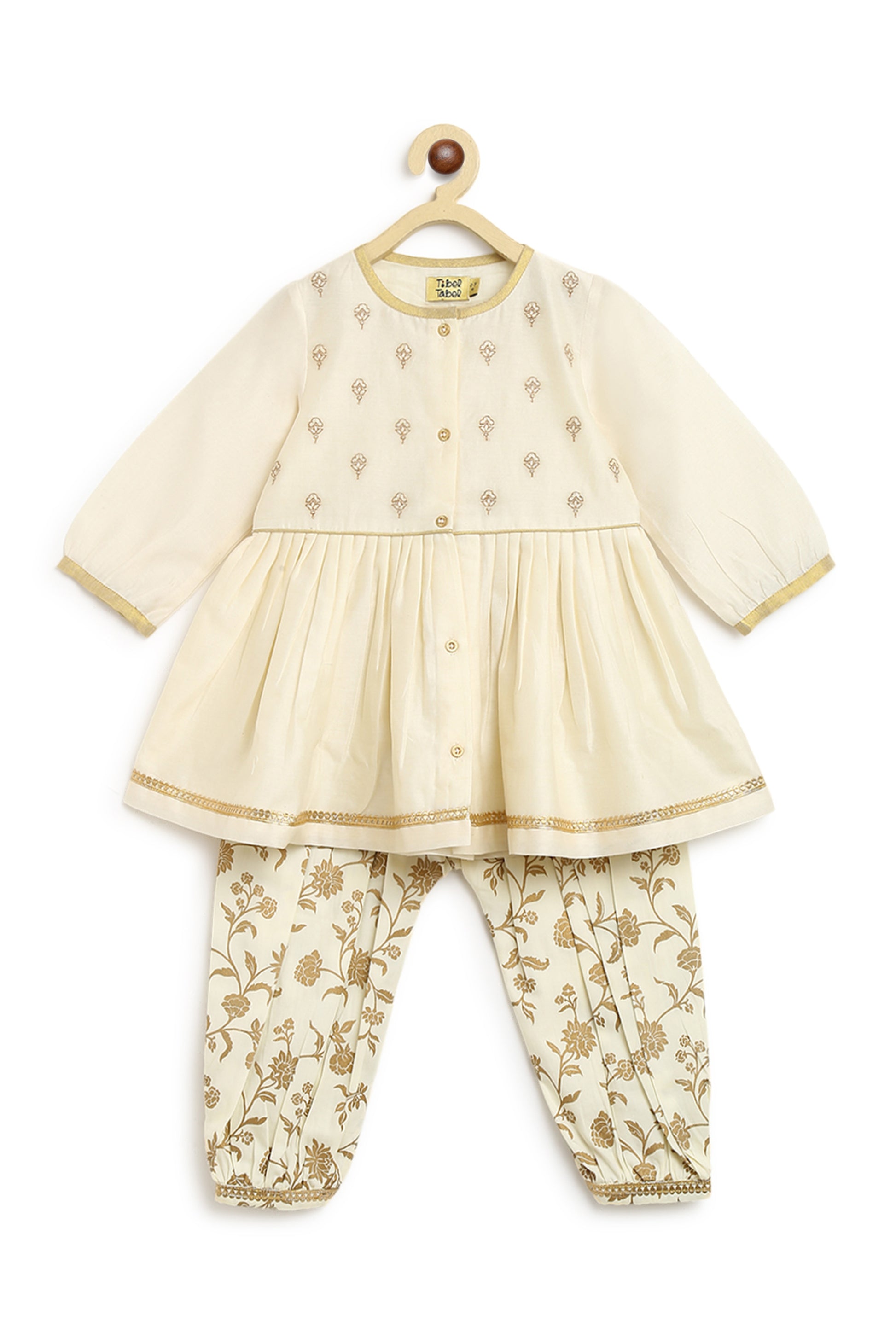 Shop Baby Girl Chanderi Angrakha Suit Set Embroidered- Cream by Tiber Taber Kids