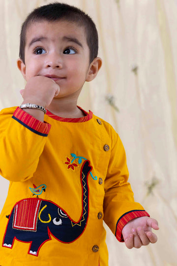 Boy Embroidery Elephant Dhoti Set - Yellow