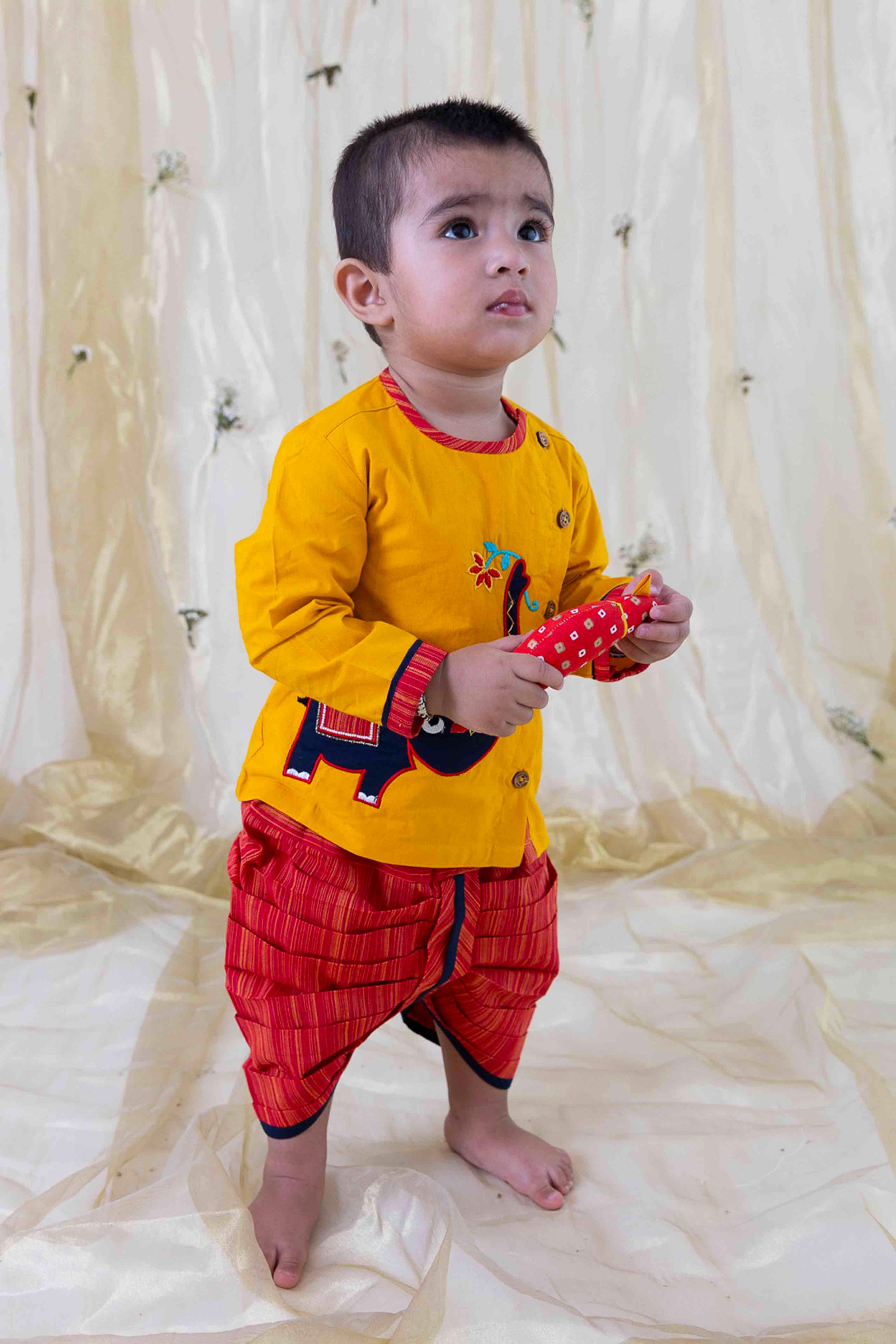 Shop Boy Embroidery Elephant Dhoti Set - Yellow