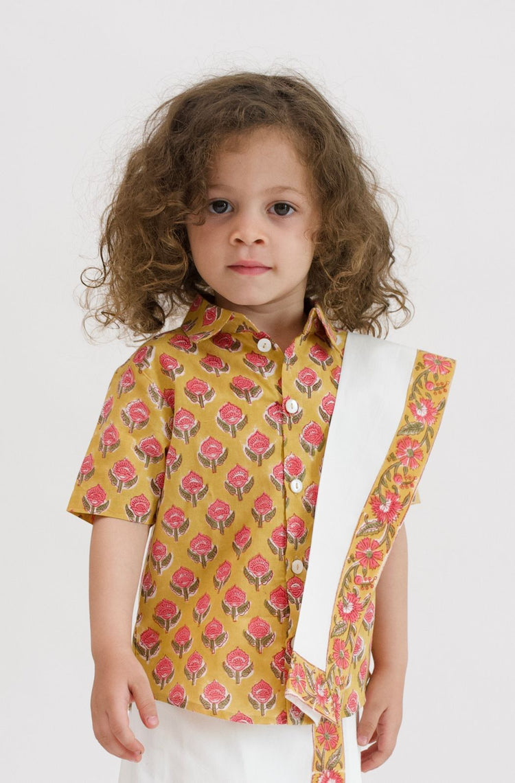 Block Print Angvastram- Yellow