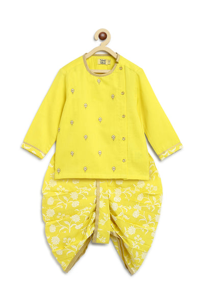 Shop Baby Boy Dhoti Kurta Premium Cotton Set Embroidered- Yellow by Tiber Taber Kids