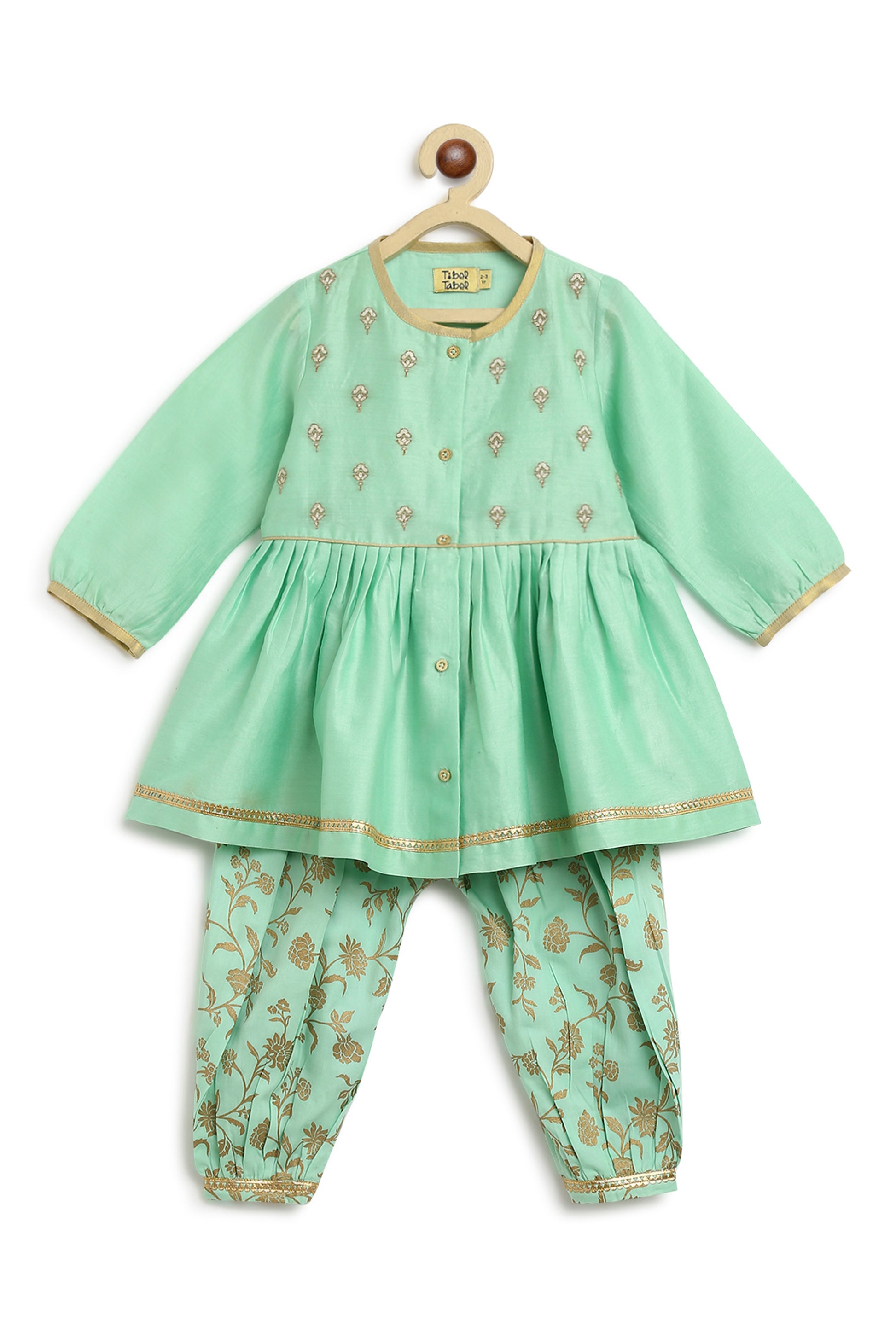 Shop Baby Girl Chanderi Angrakha Suit Set Embroidered- Green by Tiber Taber Kids