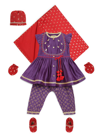 Baby Girl Bird Embroidery Jamna Set - Purple
