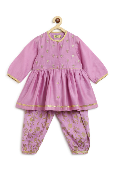 Shop Baby Girl Chanderi Angrakha Suit Set Embroidered- Purple by Tiber Taber Kids