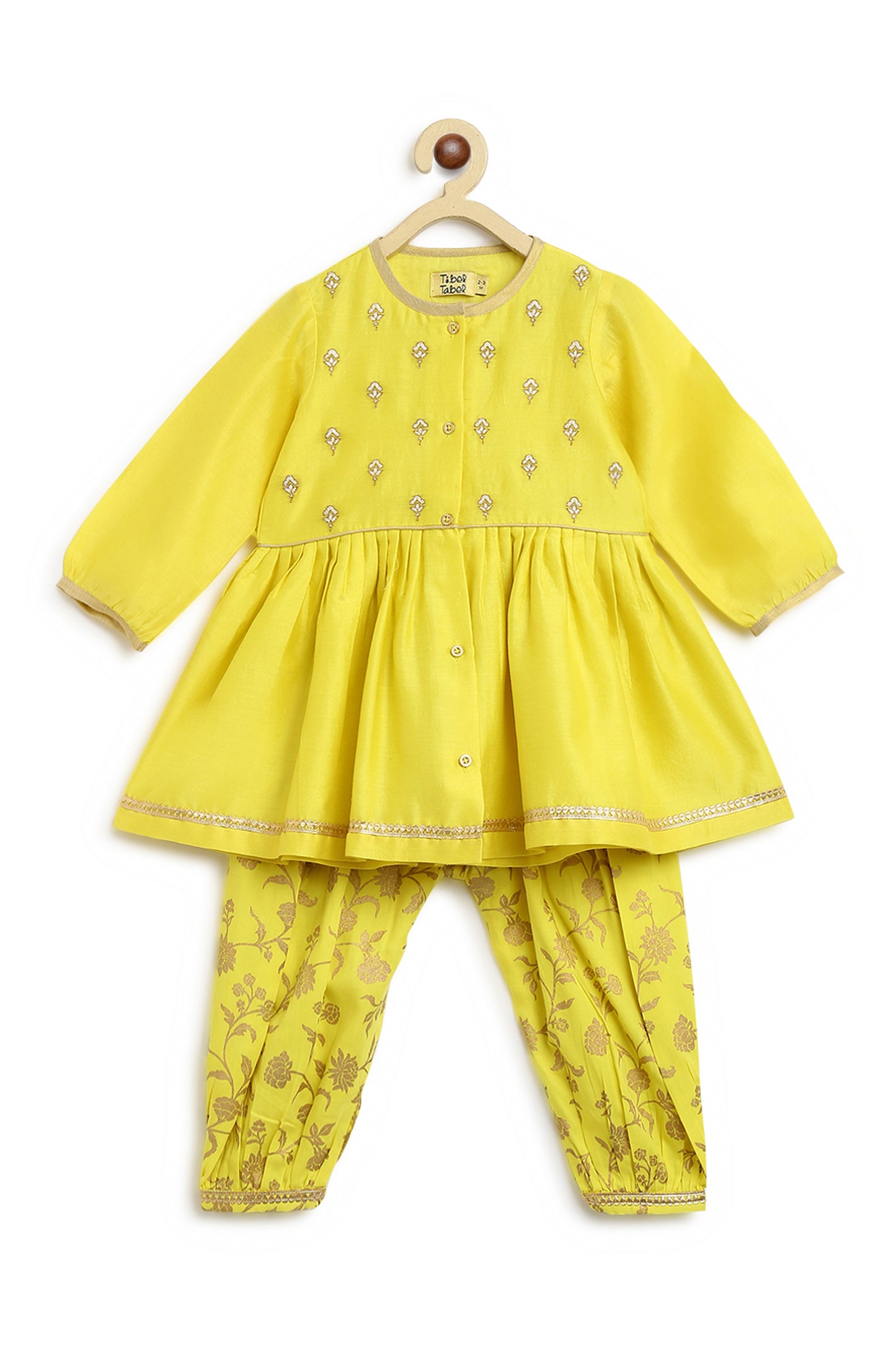 Shop Baby Girl Chanderi Angrakha Suit Set Embroidered- Yellow by Tiber Taber Kids