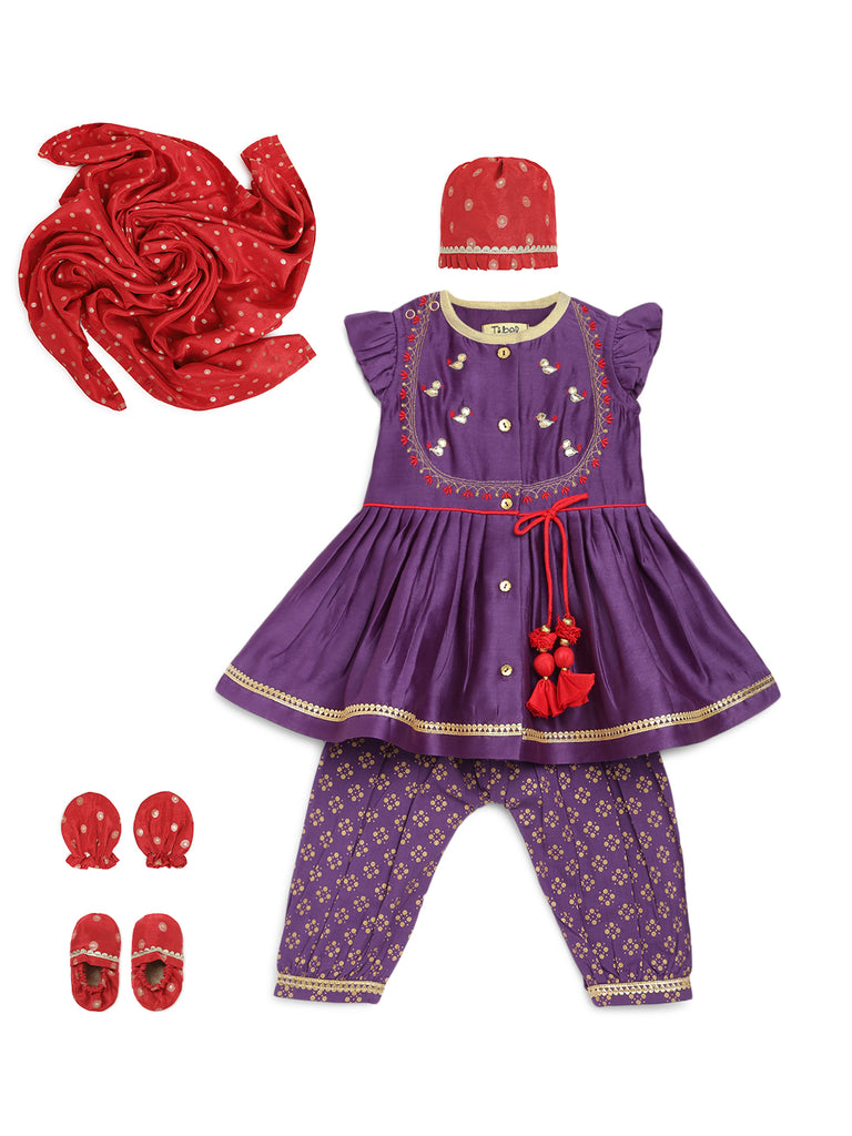 Buy Baby Girl Bird Embroidery Jamna Set - Purple