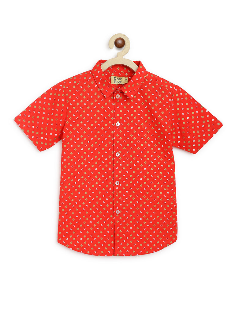 Buy Tiber Taber Boy Bandhani Print Shirt-Red by Tiber Taber Kids