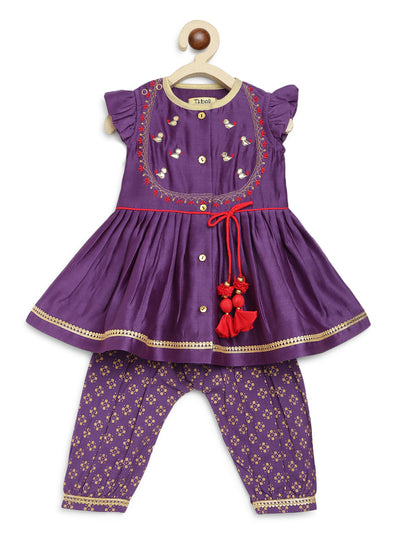 Shop Baby Girl Bird Embroidery Jamna Set - Purple