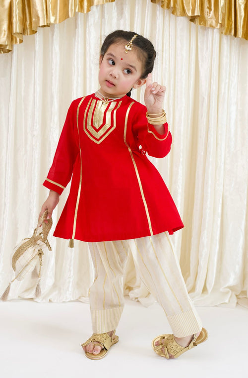 Tara Gota Kurta Set - Red