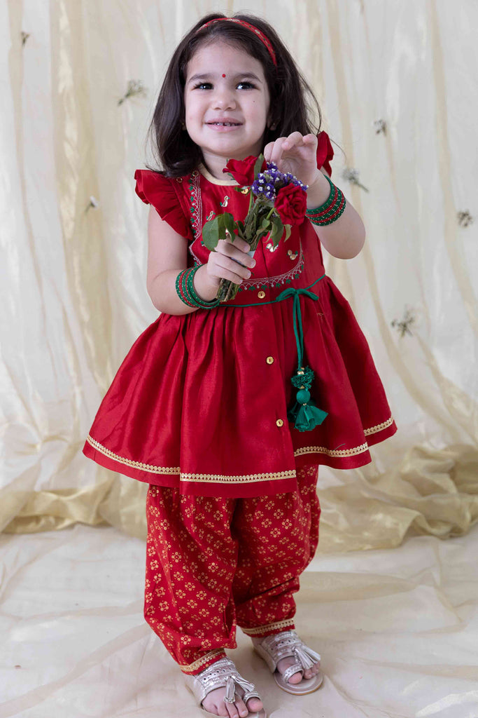 Buy Baby Girl Bird Embroidery Chanderi Suit Combo Set - Red