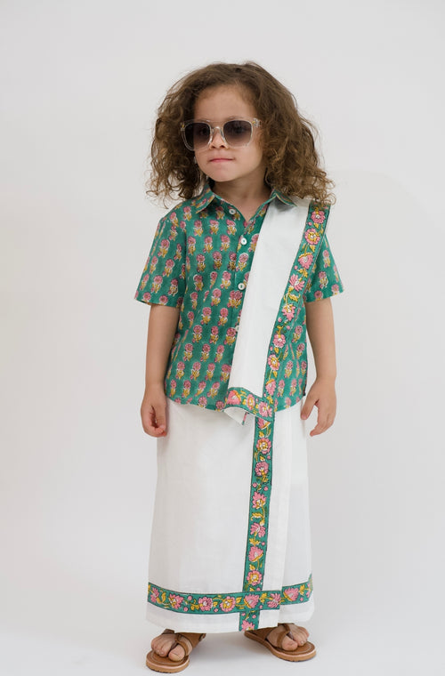 Block Print Mundu- Green