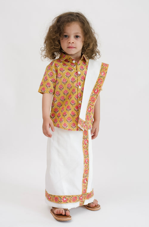 Block Print Mundu- Yellow