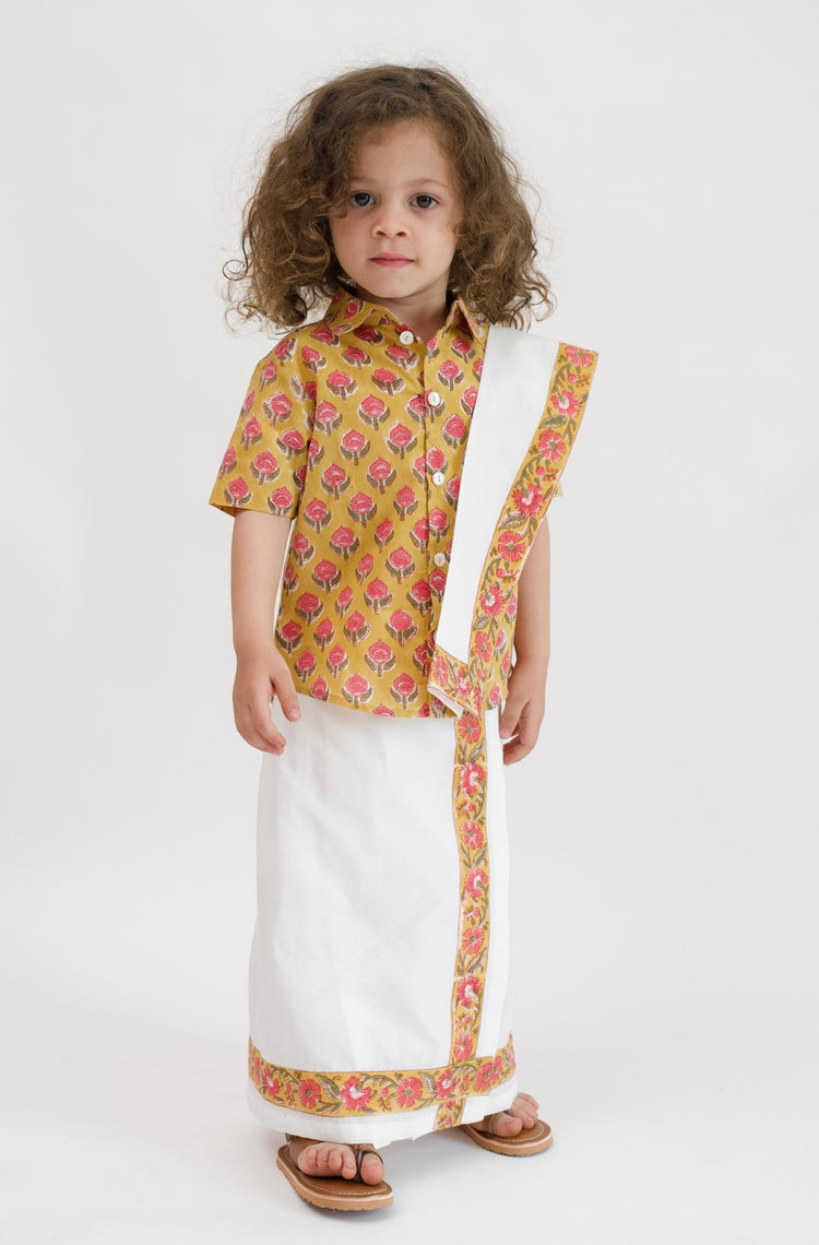 Block Print Mundu- Yellow