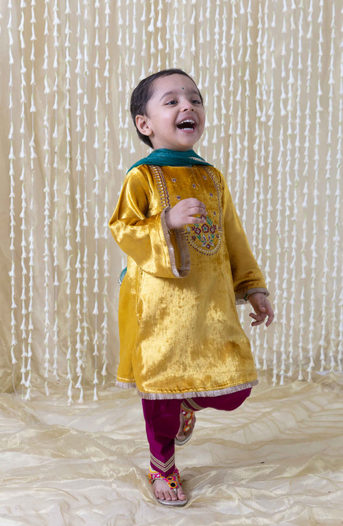 Noor Velvet Suit for Girls - Yellow