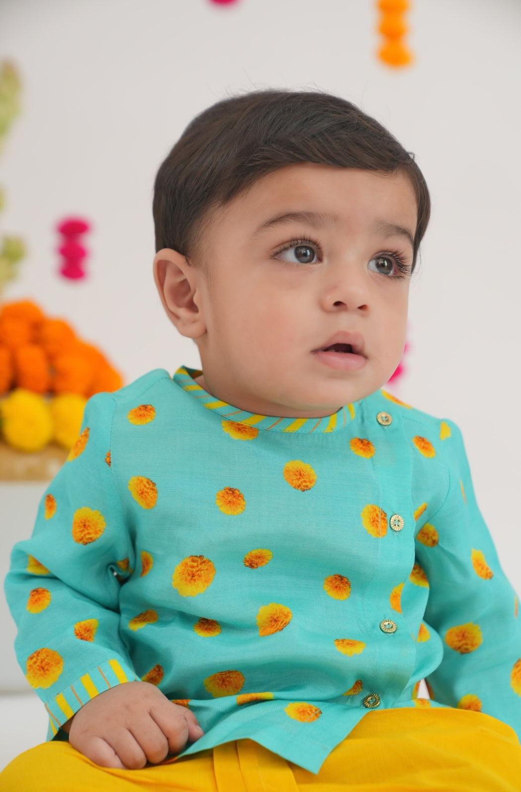 Genda Phool Dhoti Kurta Set- Blue