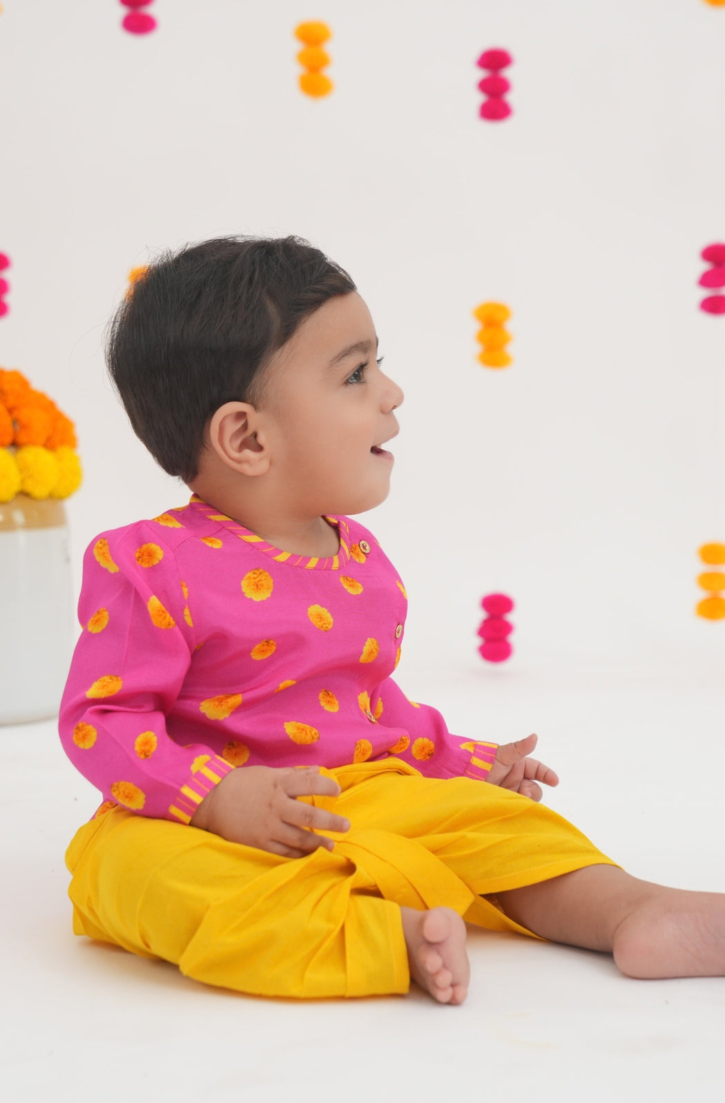 Genda Phool Dhoti Kurta Set- Pink
