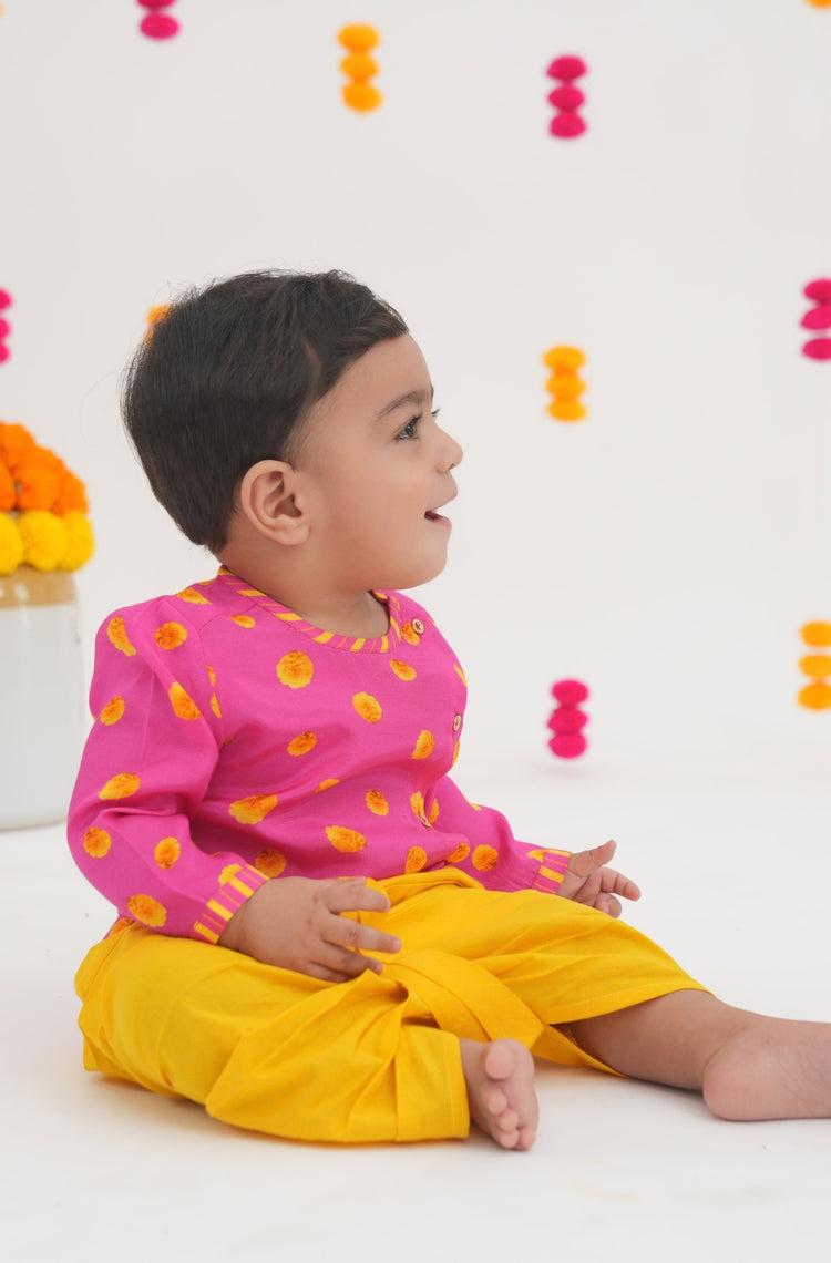 Genda Phool Dhoti Kurta Set- Pink