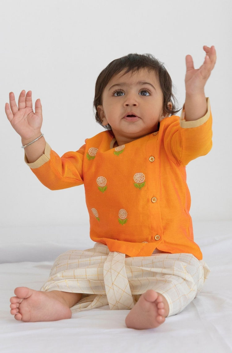Marigold Bloom Dhoti Set - Orange