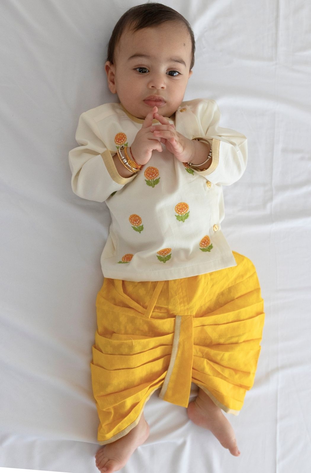Marigold Bloom Dhoti Set - Cream