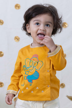Baby Boy Ganesha Embroidered Cotton Dhoti Kurta Set - Yellow