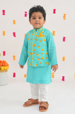 Genda Phool 3-Piece Bundi Jacket Set- Blue
