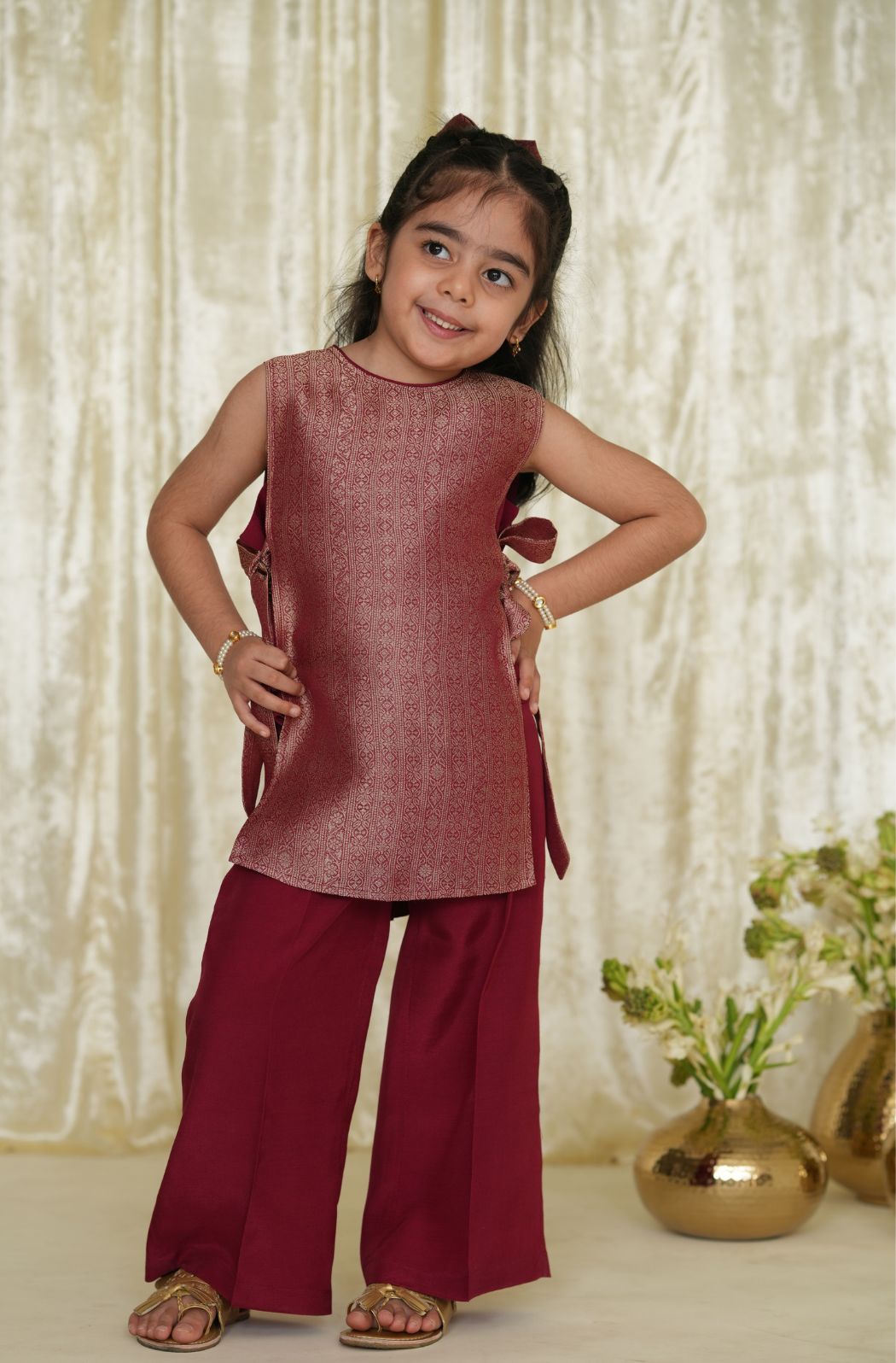 Saanjh Brocade Bib Top and Pants Set - Maroon