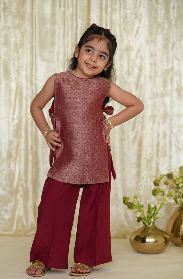 Saanjh Brocade Bib Top and Pants Set - Maroon