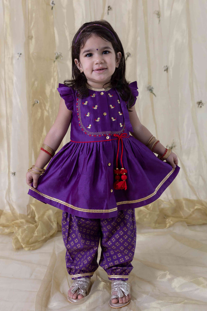 Buy Baby Girl Bird Embroidery Chanderi Suit Combo Set - Purple