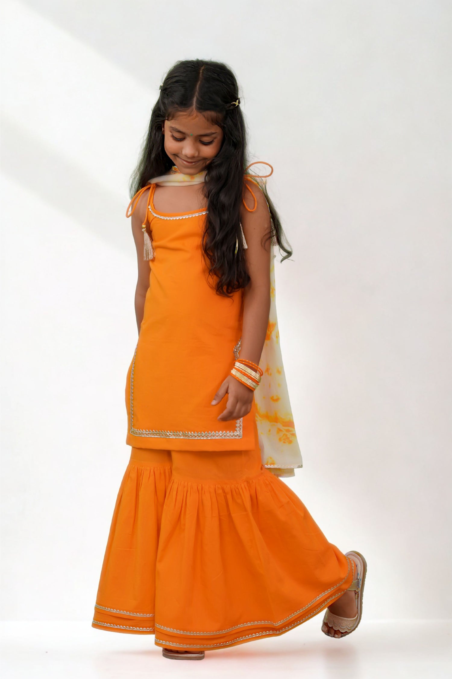 Girls Straight Strappy Sharara Set Gotapatti - Orange