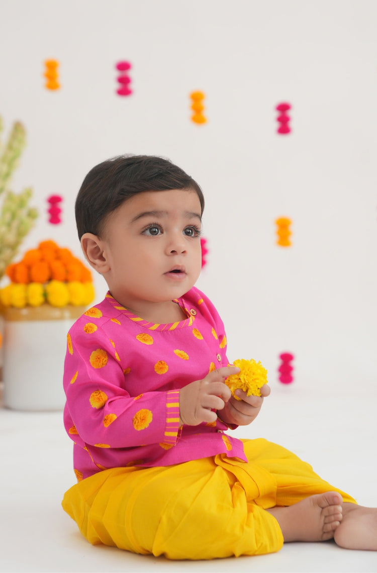 Genda Phool Dhoti Kurta Set- Pink