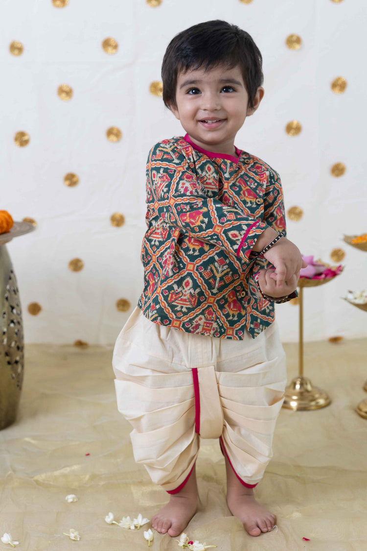 Baby Boy Patola Print Cotton Dhoti Kurta Set Green – Tiber Taber