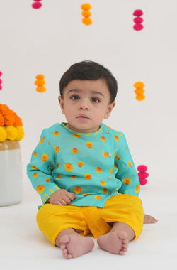 Genda Phool Dhoti Kurta Set- Blue