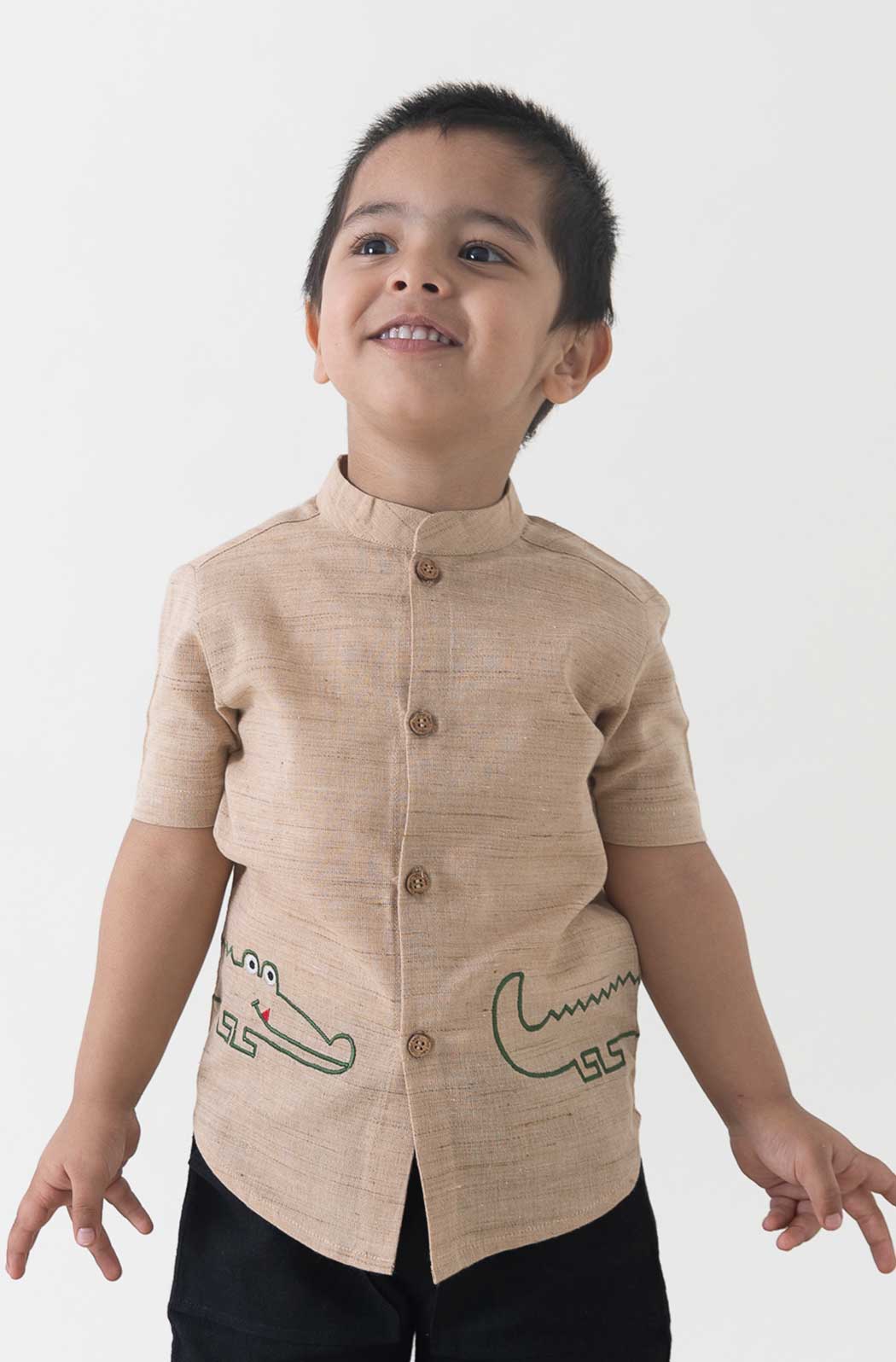 Boy Crocodile Embroidered Cotton Shirt  - Beige