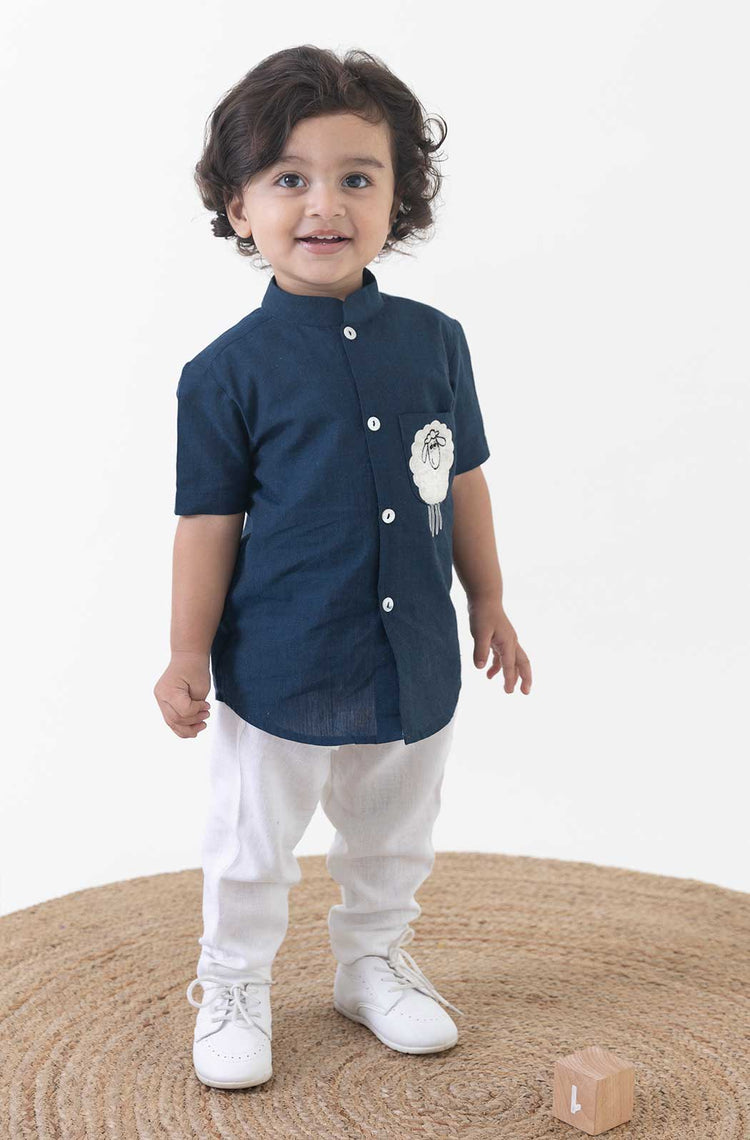 Boy Sheep Embroidered Cotton Shirt  - Blue