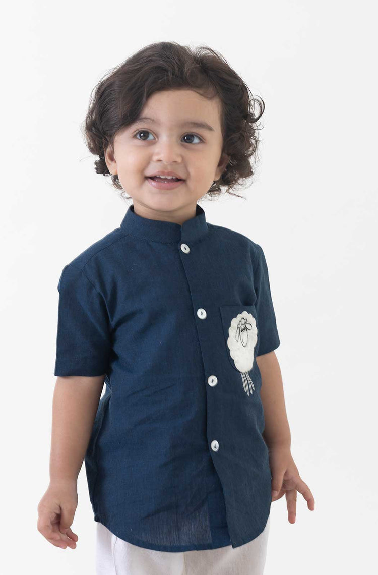 Boy Sheep Embroidered Cotton Shirt  - Blue